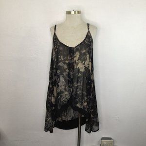 Lauren Vidal Blouse Women XXL Black Tan Tie Dye Button-Front Spaghetti Strap